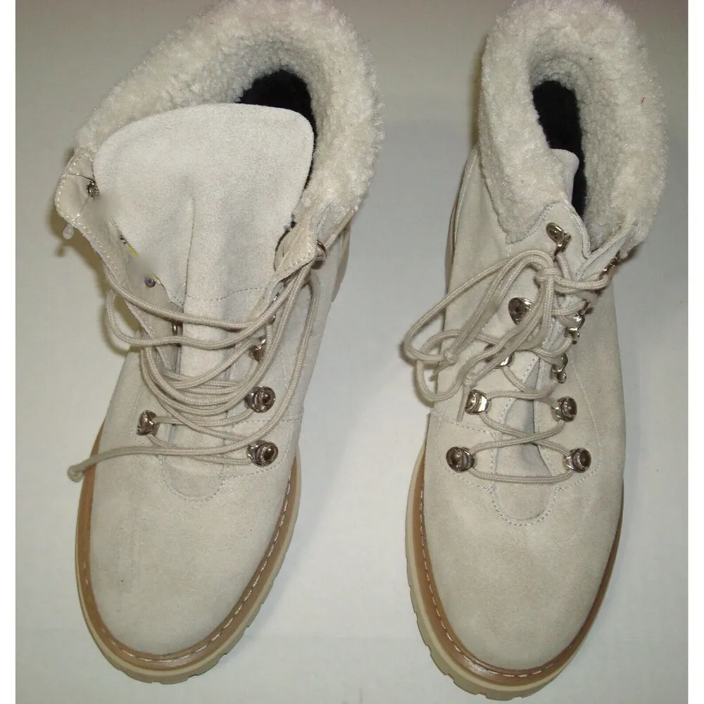 New Womens Cream Off White Lace Up Shearling Suede Hiking Boots 40 9 Fabianelli - Image 2