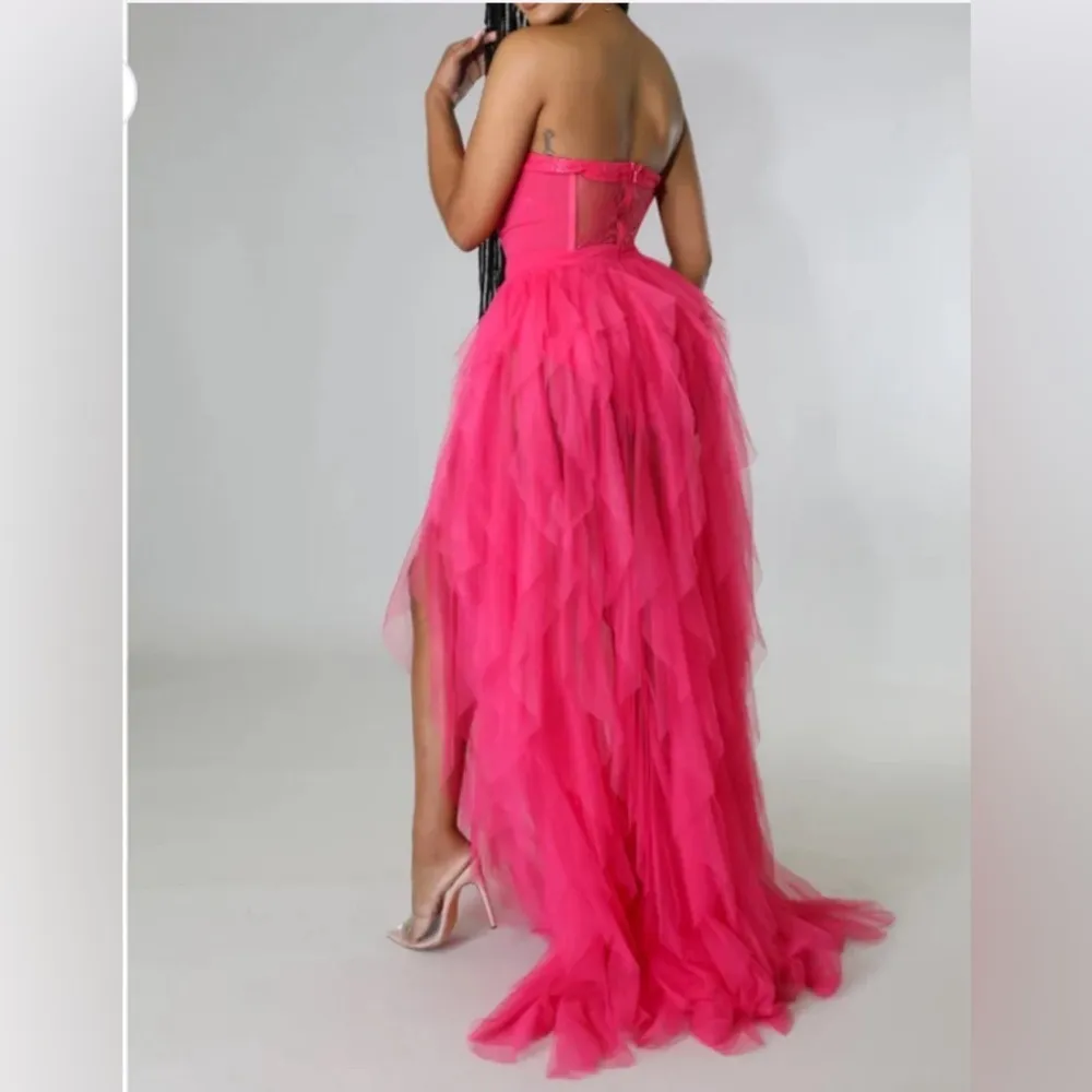 Bustier Gown Sleeveless Tulle Maxi Dress Sz L Pink Size L - Image 12