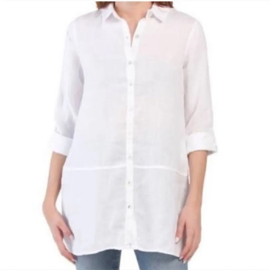 Tahari 100% Linen White Lagenlook Relaxed Tunic Button Down Shirt Sz L - Image 4