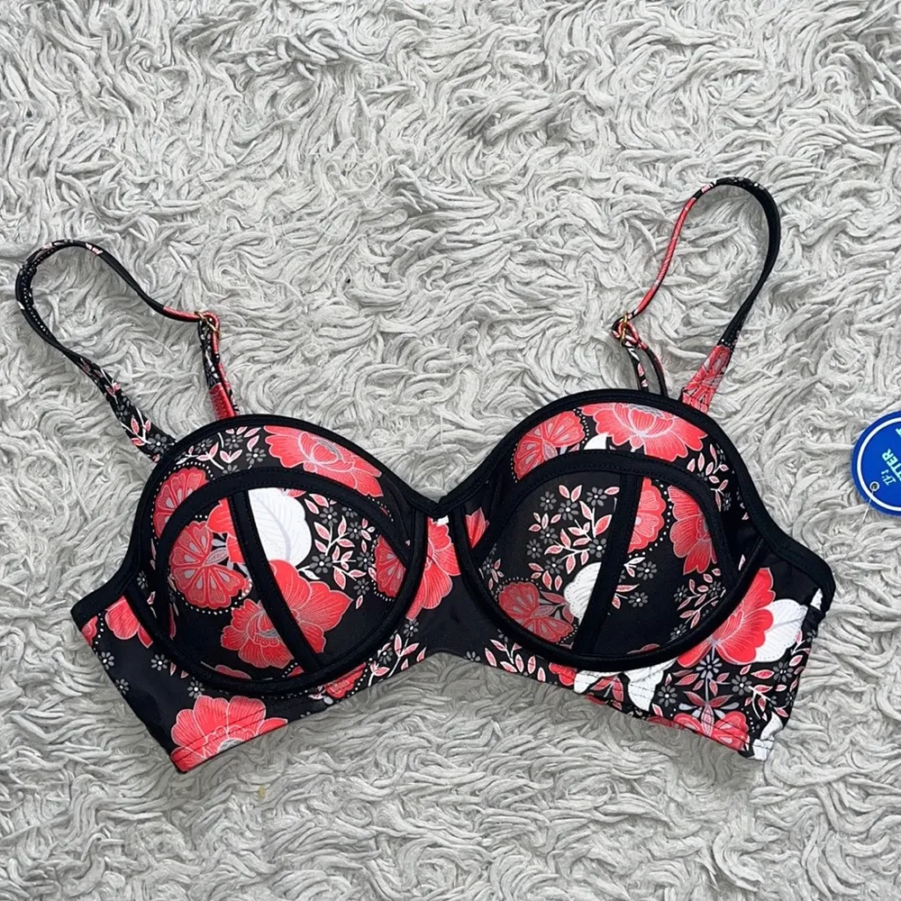 Swimsuits for All Bikini Top Swim Black Red Floral Bustier 8 New - Image 2
