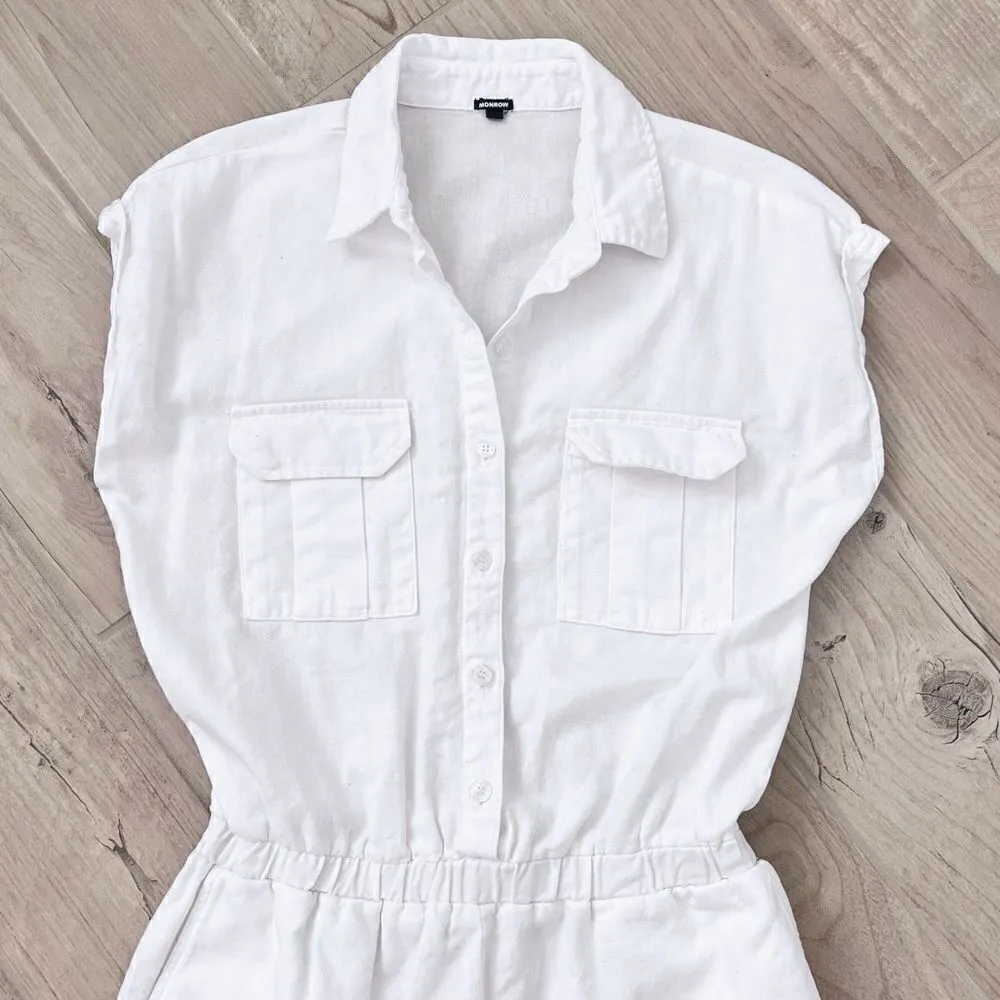 MONROW Cotton Twill Pocket Romper White Sz S White - Image 7