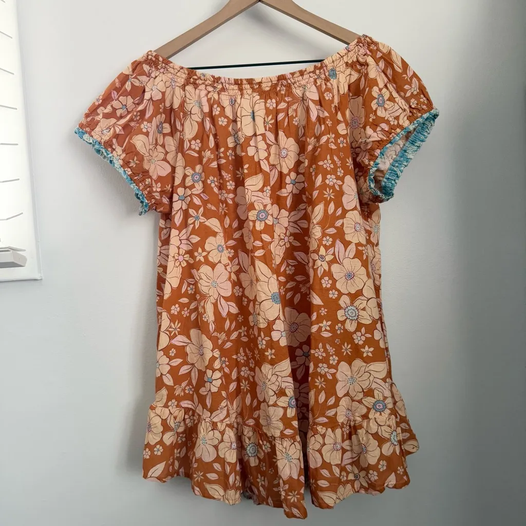 Free People Large Frankie Swing Tunic Babydoll Honey Ginger Orange Floral Hippie - Image 4