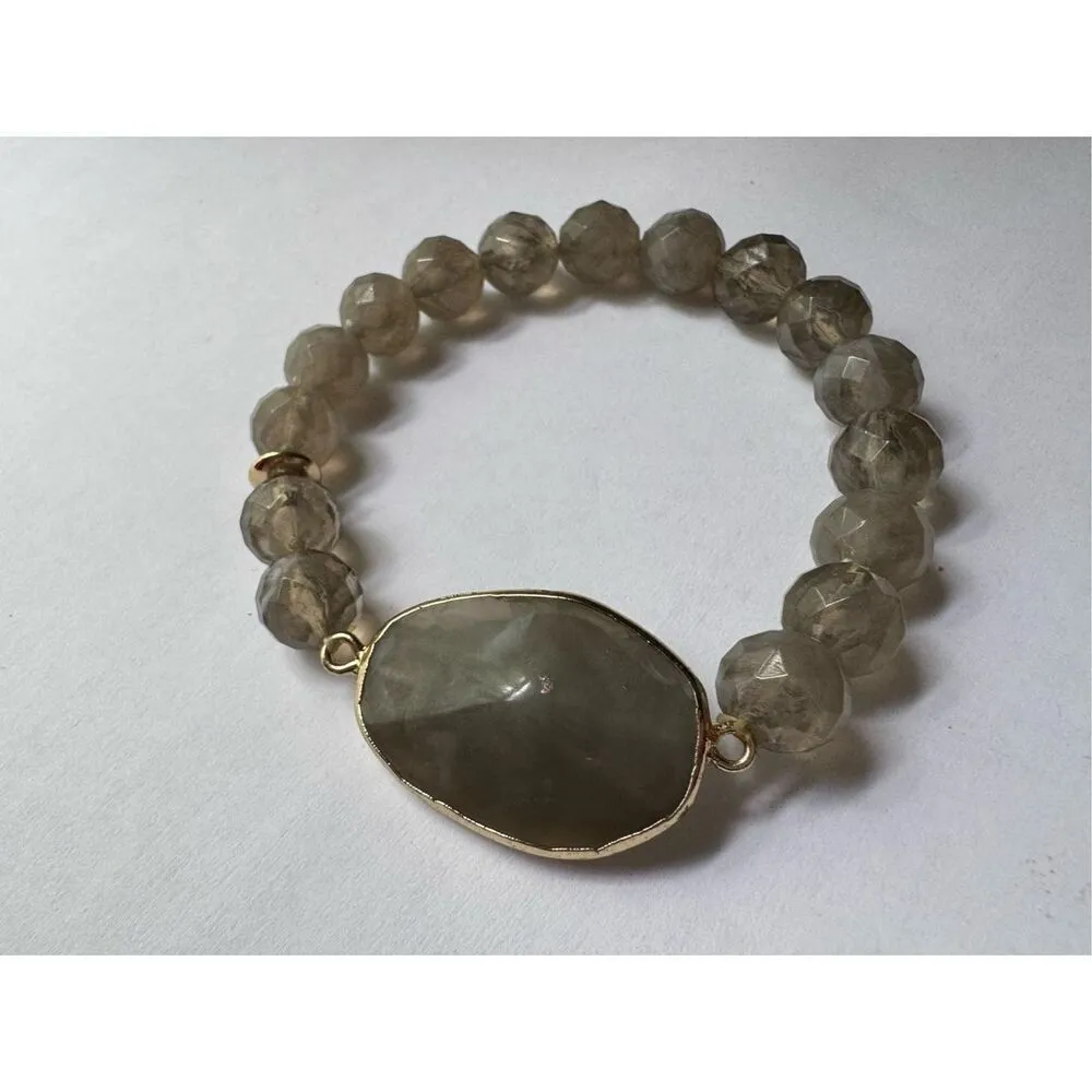 Women's Smokey Quarts Crystal Stone Beaded Stretchy Slip On Statement Bracelet Gray - Image 2
