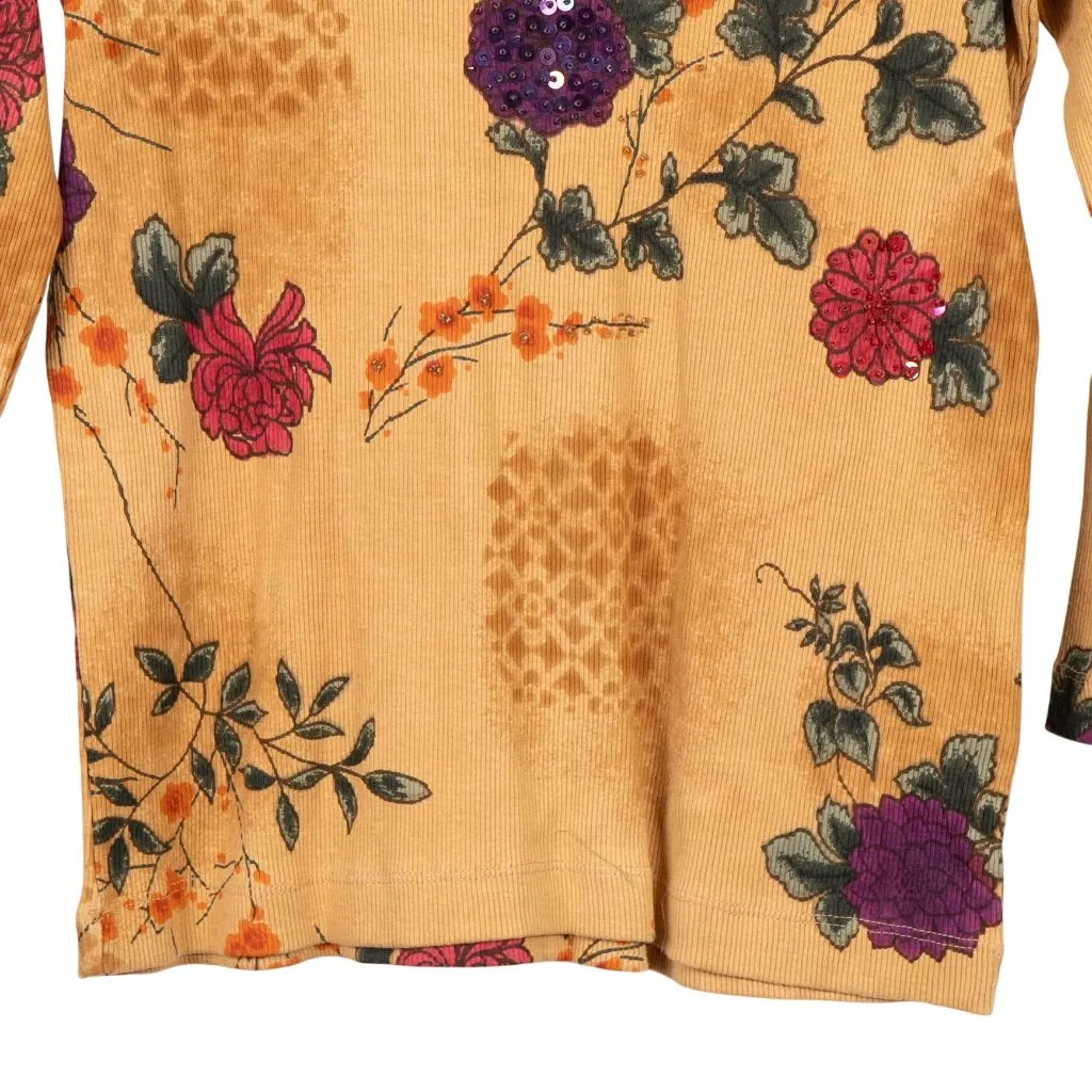 Victoria Jones Floral Y2K VNeck Top S Womens Sequins Beads Yellow 3/4 Sleeve - Image 4