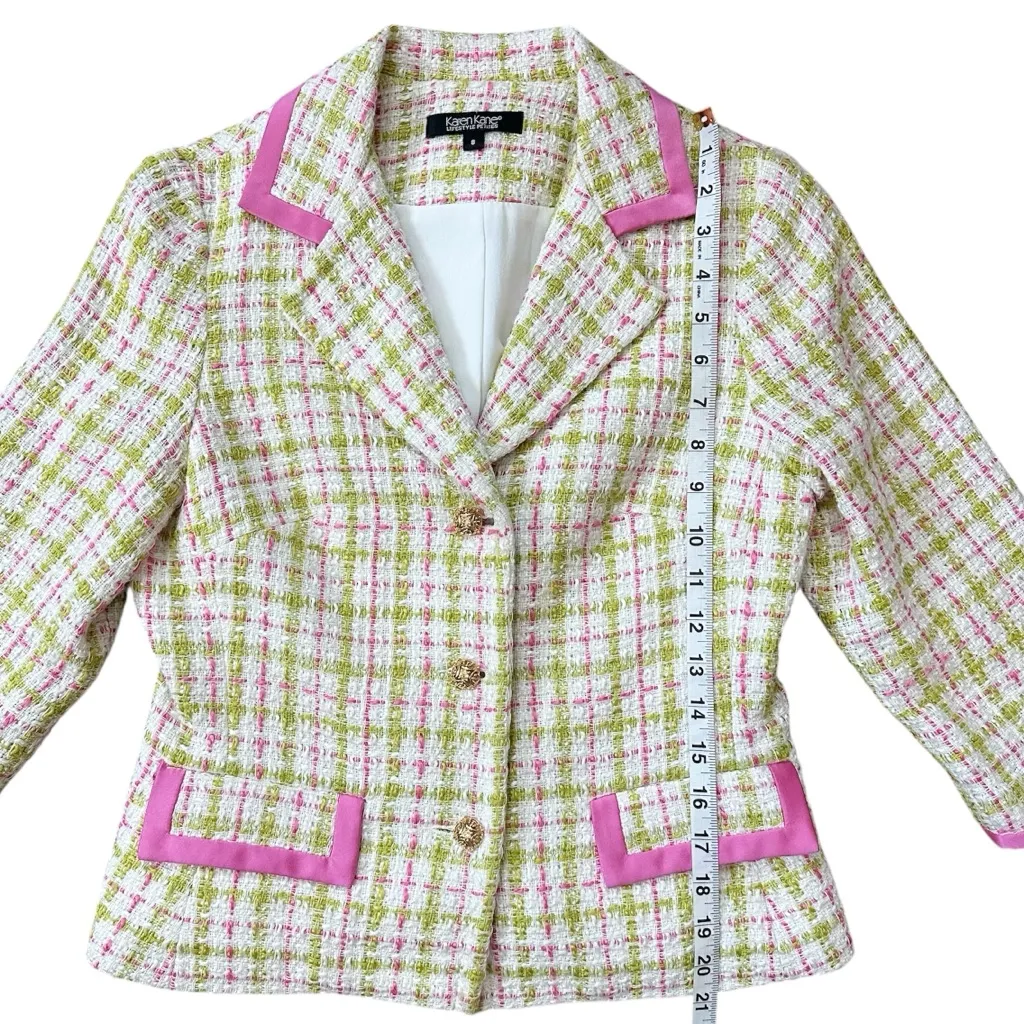 Karen Kane Lifestyle Petites Tweed Pink & Green Tweed Jewel Button Blazer Size 8 - Image 10