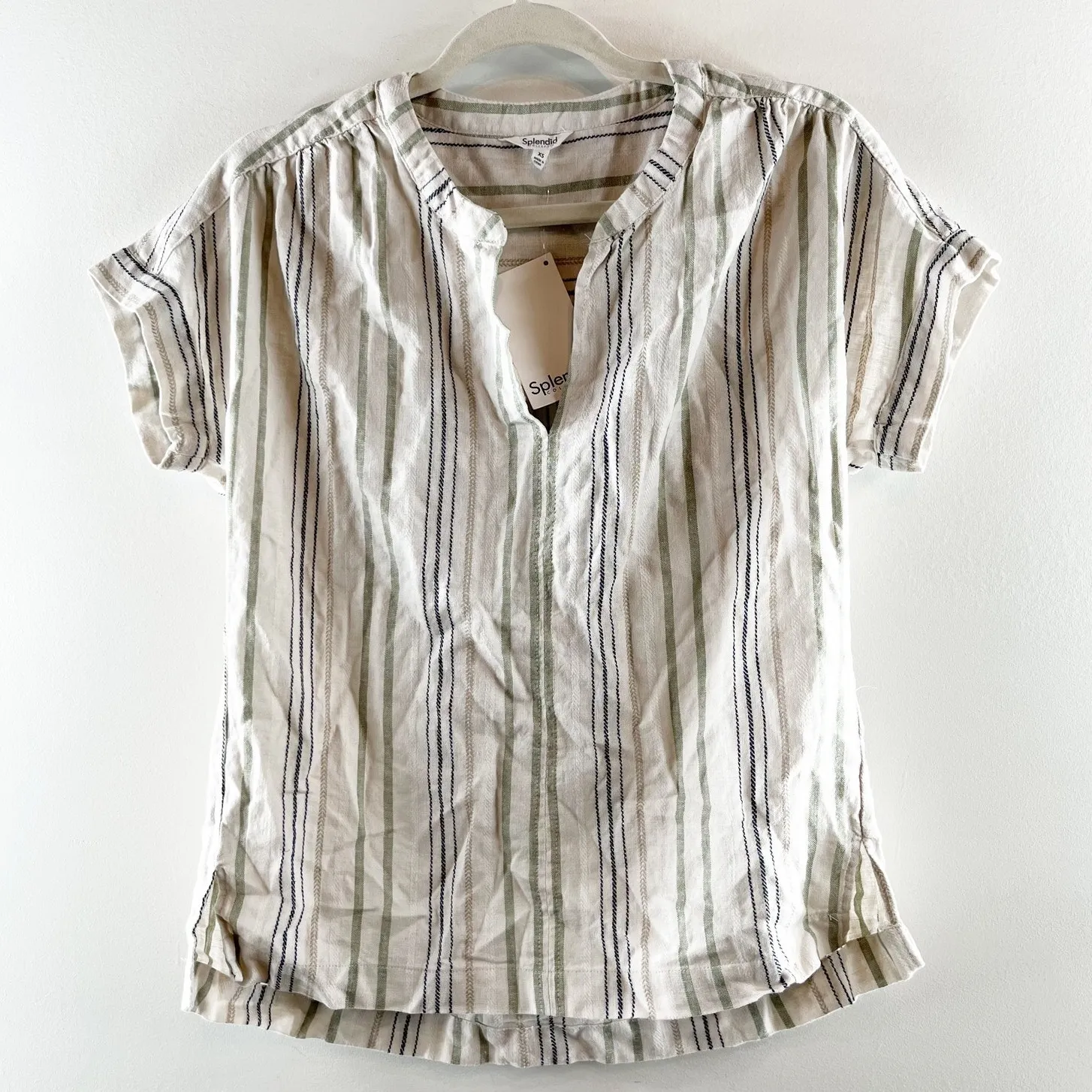 Splendid Short Sleeve Linen Blend Striped Basic Tee Shirt Top Blouse Tan XS - Image 2