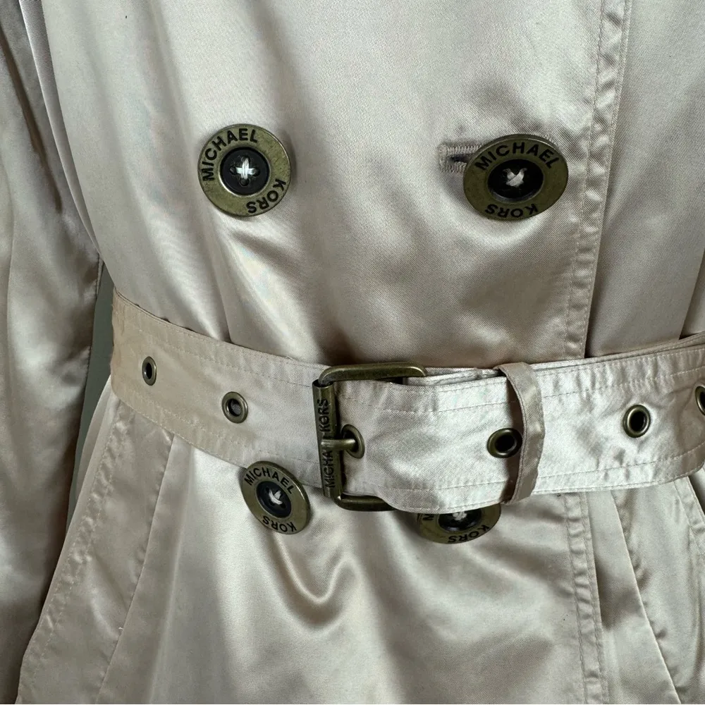 MICHAEL KORS Petite Satin Animal Lining Trench Coat Size PS Small Tan - Image 4