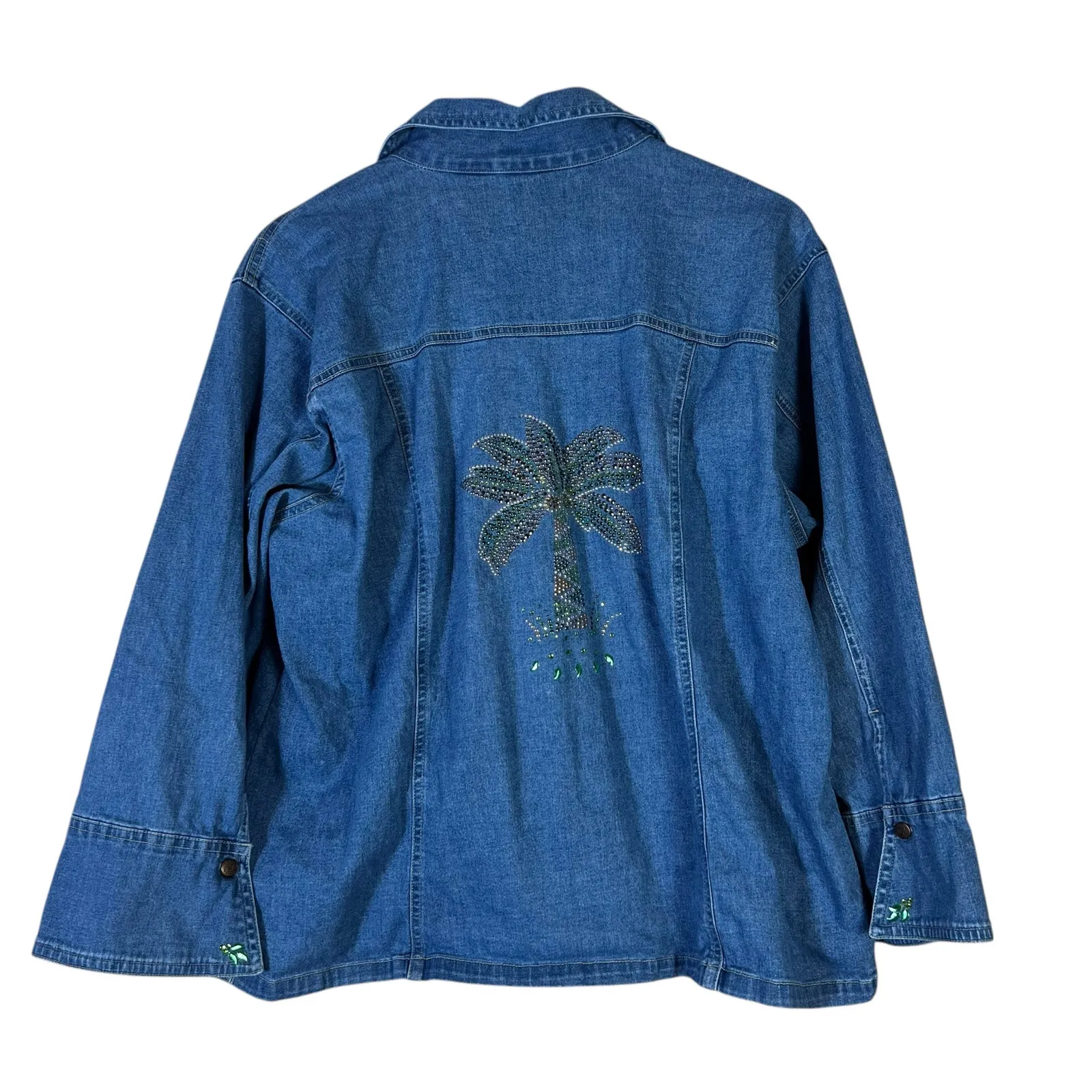 Bill Blass Denim Shirt Womens XL Palm Tree Embellished Stretch Boho Western Y2K - Image 5
