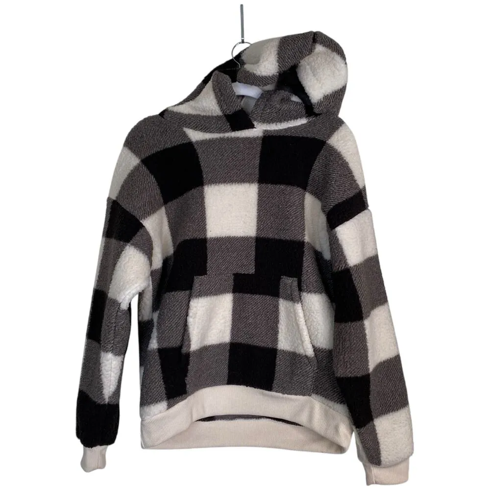 AMERICAN EAGLE Buffalo Plaid Sherpa Hoodie Size Small Fleece Black White - Image 2