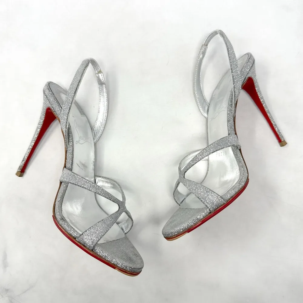 Christian Louboutin Emilie 100 Glitter Slingback Stiletto Sandal Heels Silver 35 - Image 4