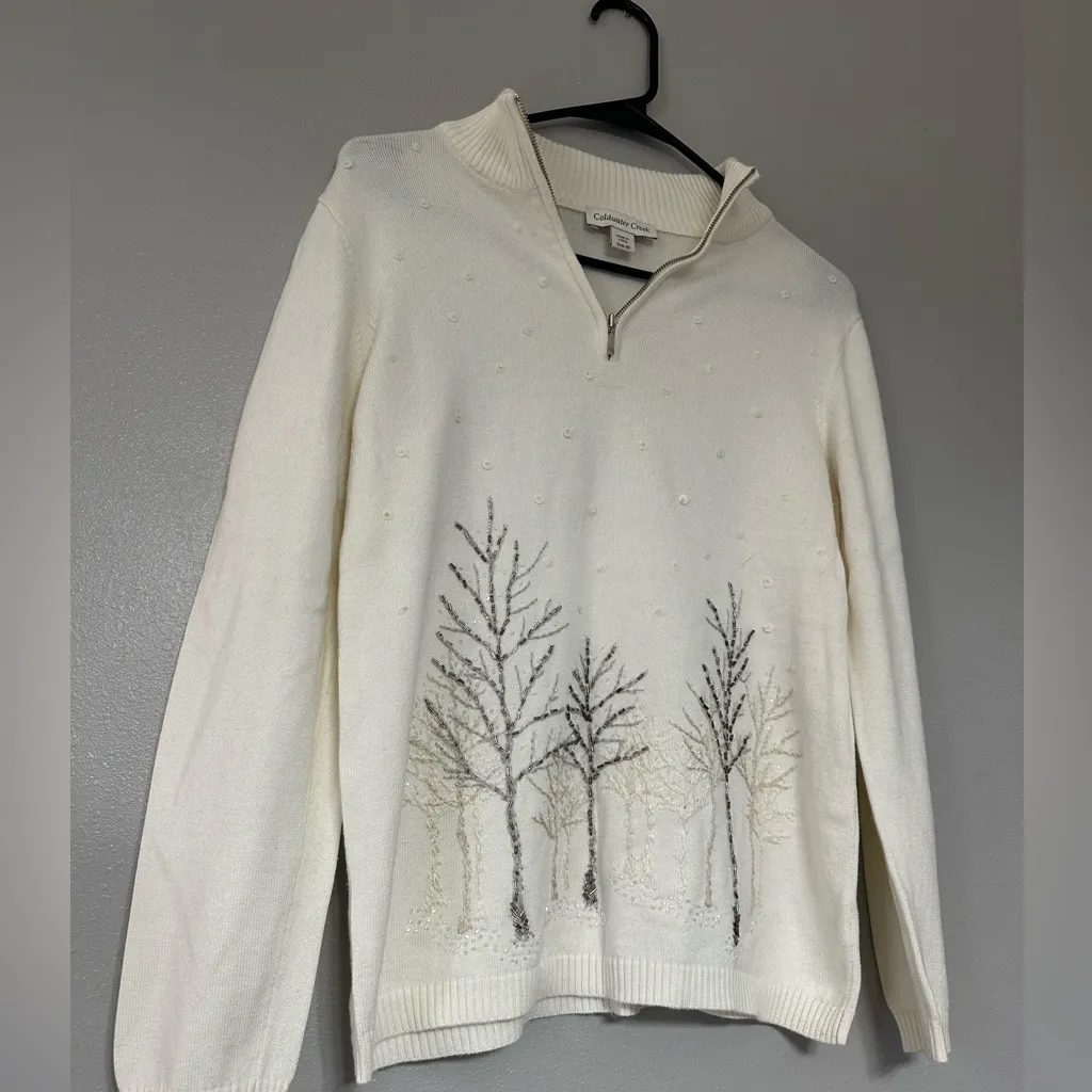 Coldwater Creek Vintage Beautiful Creamy White Beaded Tree Sweater - Image 2