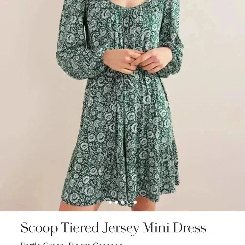 BODEN Scoop Tiered Jersey Mini Dress UK Size 8R Bottle Green Bloom‎ Cascade NWT - Image 3