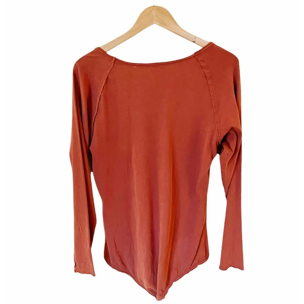 FREE PEOPLE Bodysuit Long Sleeves Burnt Orange Scoop Neck Cotton Raw Hem NWOT - Image 9
