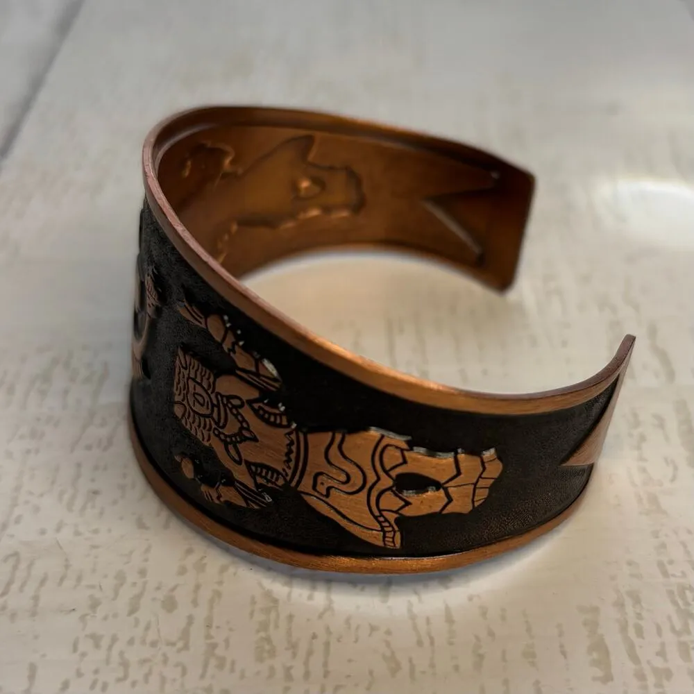 Copper Cuff Bracelet with Etched Buffalo Dancer and Rainbow Yei Design Brown - Image 2