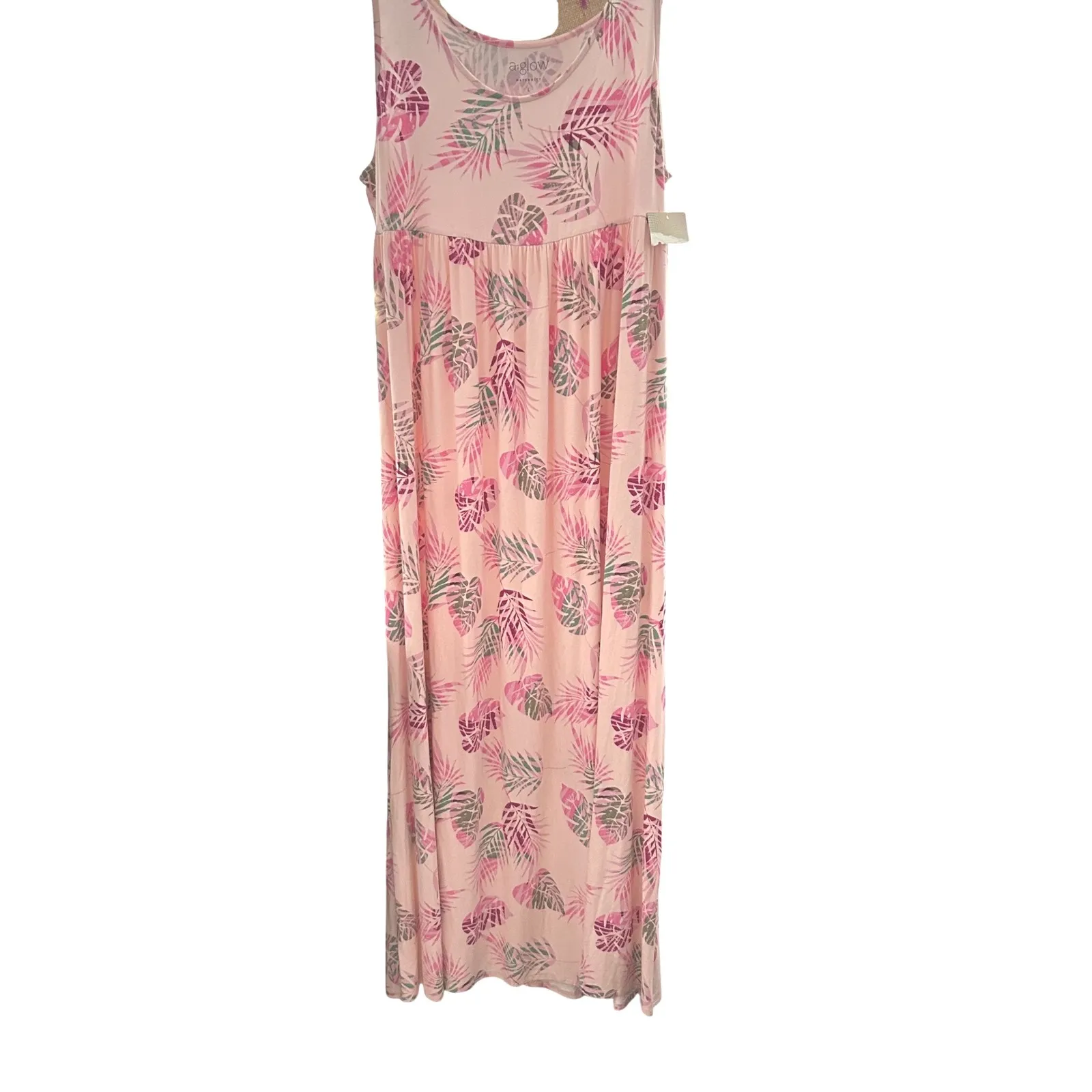 A Glow Maternity Maxi Dress Sleeveless Pink Palm Print Casual‎ Size L NWT Size L - Image 2