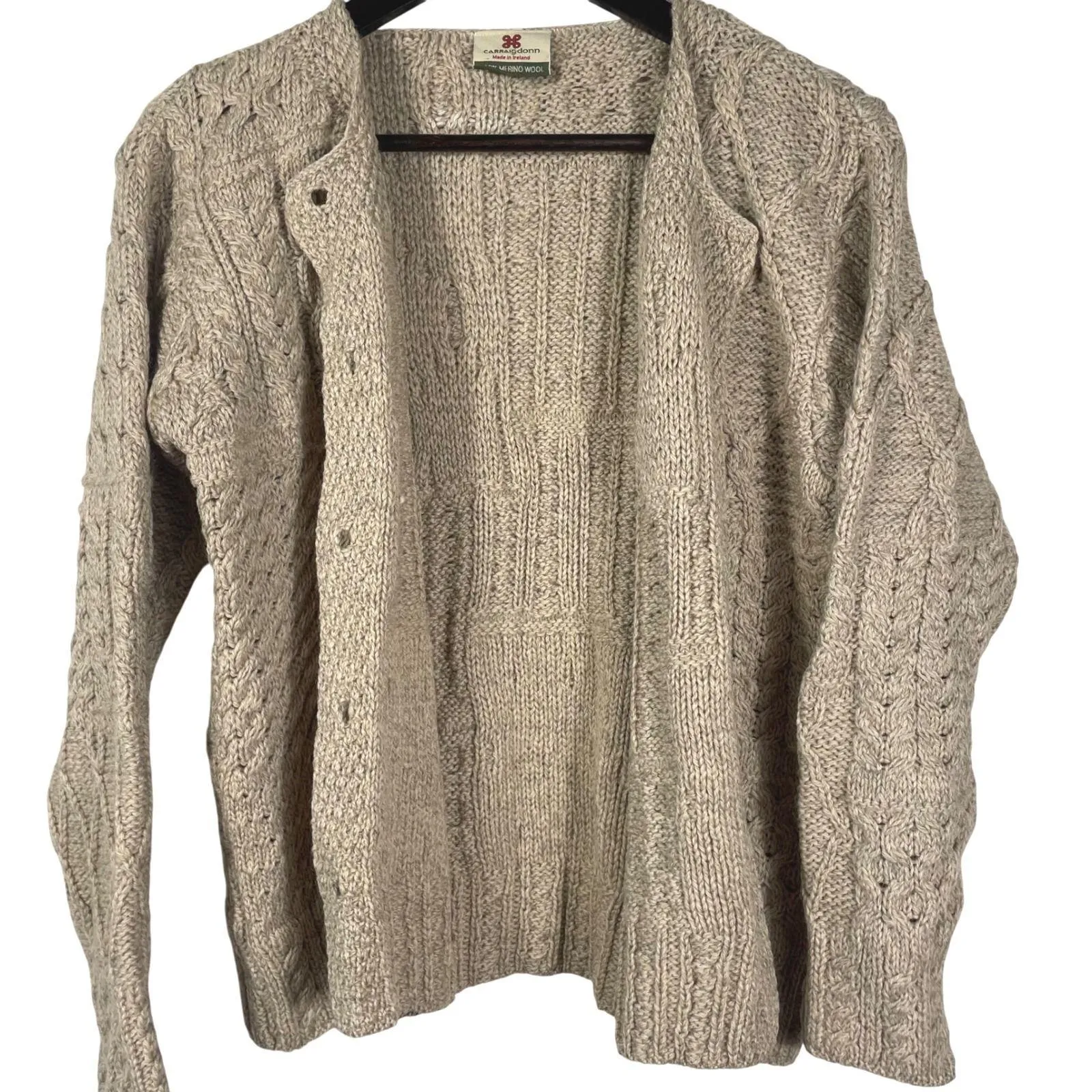 Carraig Donn 100% Merino Wool Aran Cable Knit Cardigan Sweater Ireland M Beige Tan Size M - Image 11