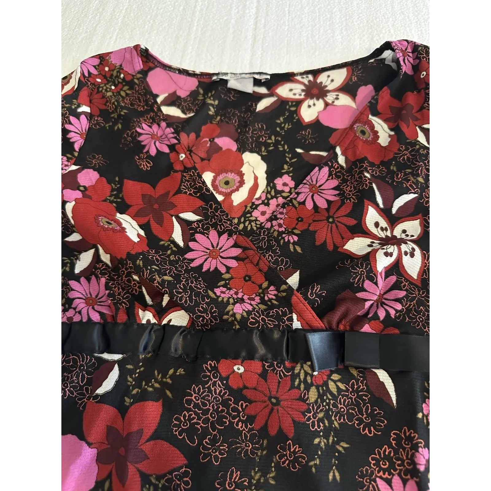 Self Esteem VTG Women's Y2K Black Pink Floral Babydoll Bow‎ Mesh Wrap Top Medium - Image 4