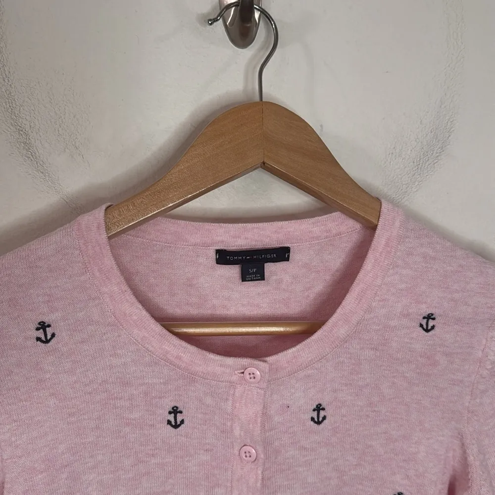 Tommy Hilfiger Light Pink Cardigan Navy Scattered Anchors print Size S - Image 4