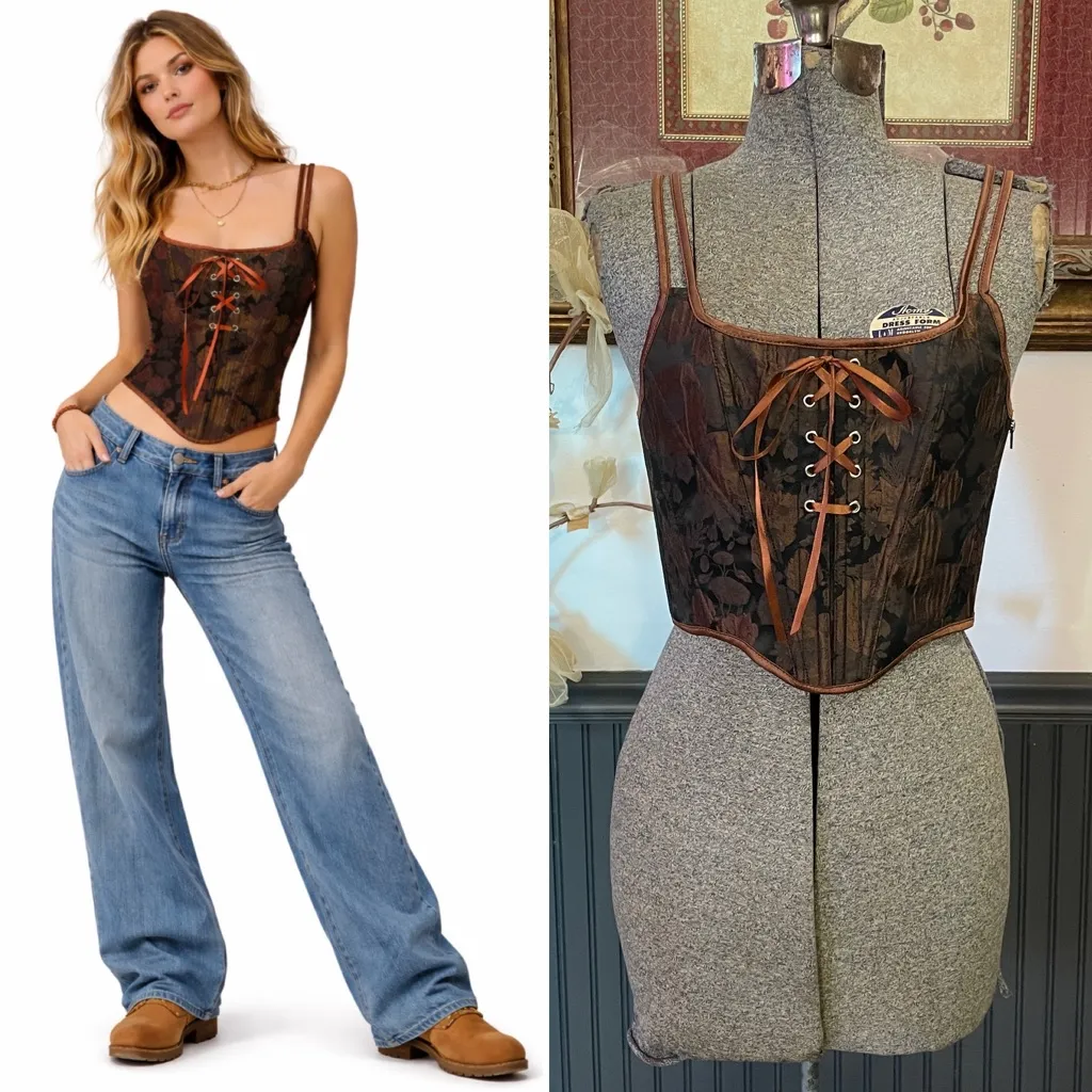 Lace Up Corset Top Brown Floral Gothic Renaissance Cottagecore Sz S 💛🎀 - Image 2