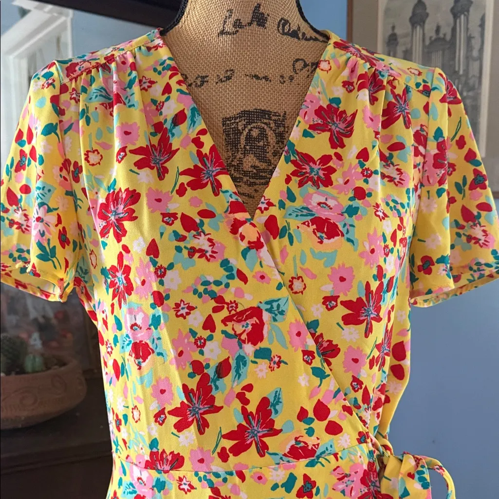 J.Crew Yellow Multicolored Floral Print Wrap Dress - Image 4