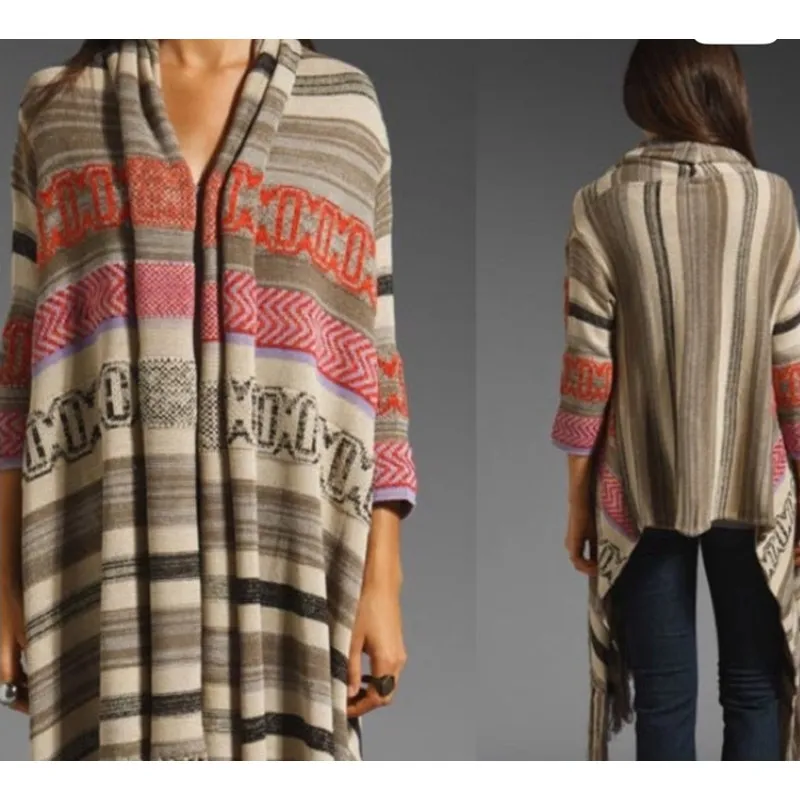 Goddis Knitwear Kita Aztec Bohemian Striped Hooded Fringe Sweater/Poncho,S/M - Image 2