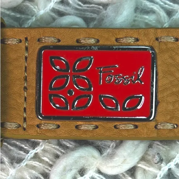 Fossil Tan Leather Belt with Red Enamel Floral and Silver Accents with Stitching - Image 3