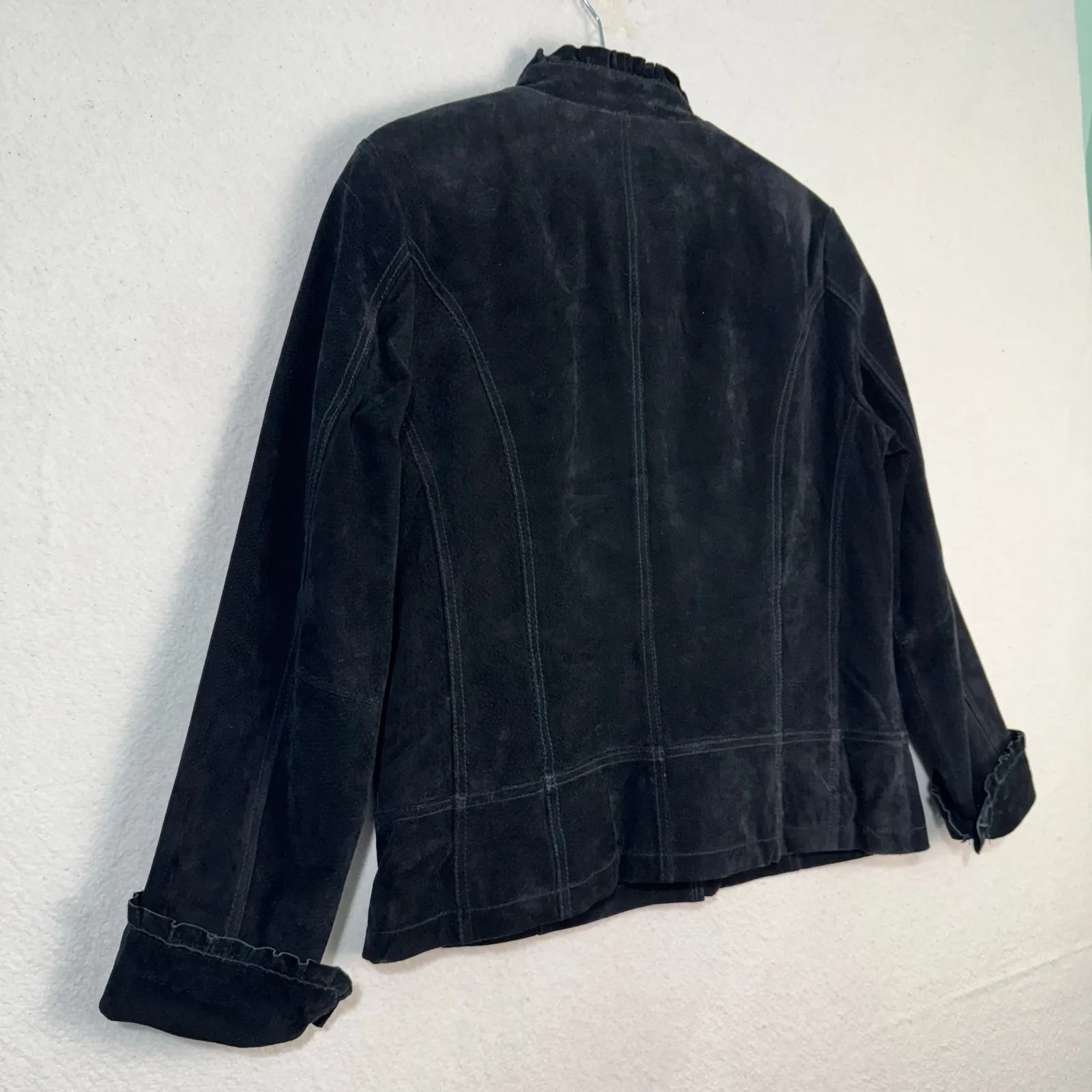 Brandon Thomas VTG Black Suede Leather Jacket Blazer Ruffle - Image 6