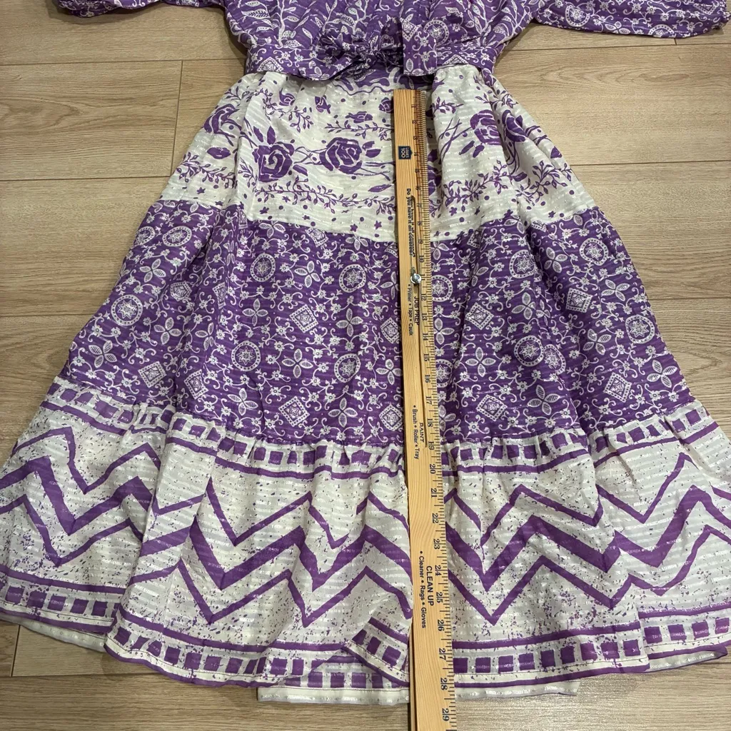 Vintage Ramona Rull Purple White Boho Peasant Muumuu Tiered Midi Dress Size AV/M - Image 6