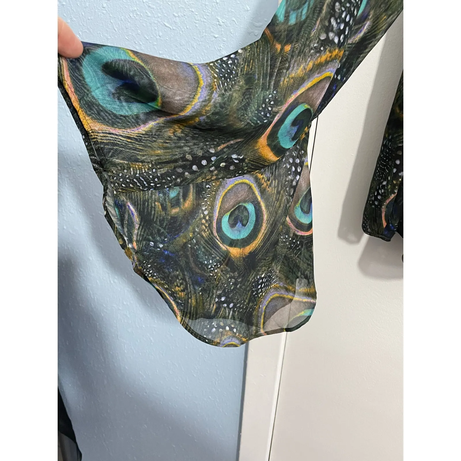 Show Me Your Mumu Blouse Large Sheer Peacock Lace Up  Flounce Bell Sleeves - Image 4