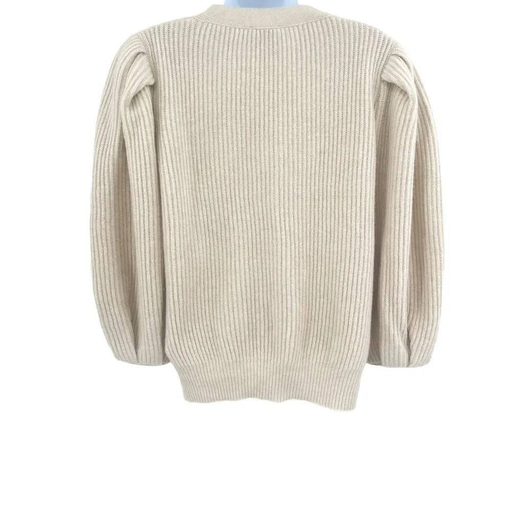 G. Label by GOOP Foster Ribbed Puff Sleeve Cardigan Sweater Ivory Merino Wool - Image 5