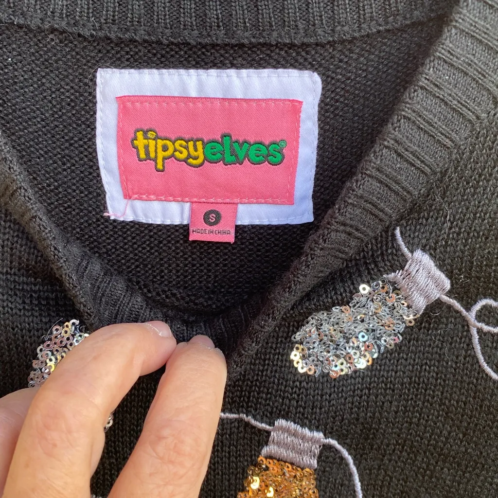 TIPSY ELVES SMALL WOMEN'S CHRISTMAS LIGHT STRAND SEQUIN SWEATER DRESS BLACK KNIT - Image 4