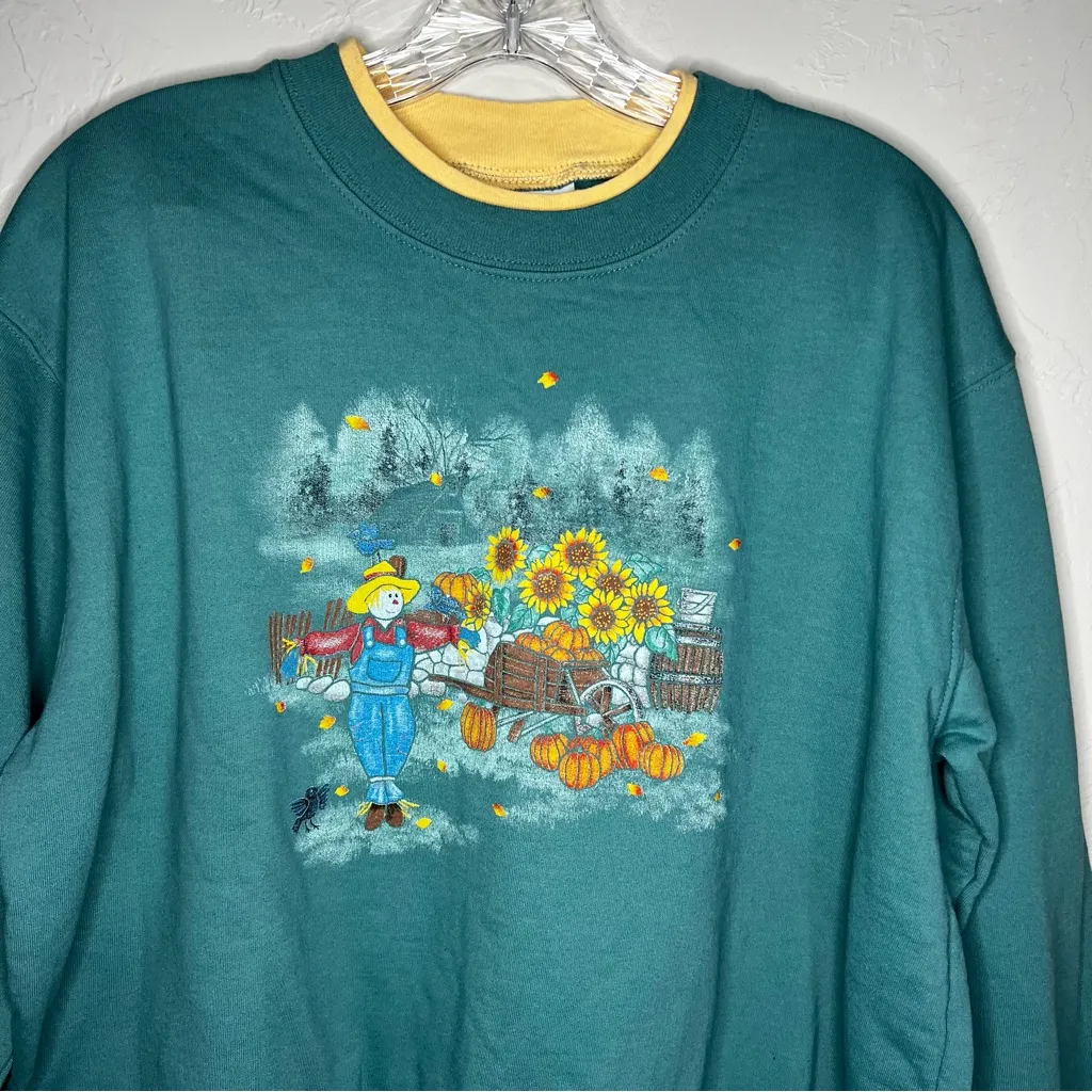 Country Store Scarecrow Harvest Fall Teal Inset Collar Pullover Crewneck Sweater Green Size XL - Image 3