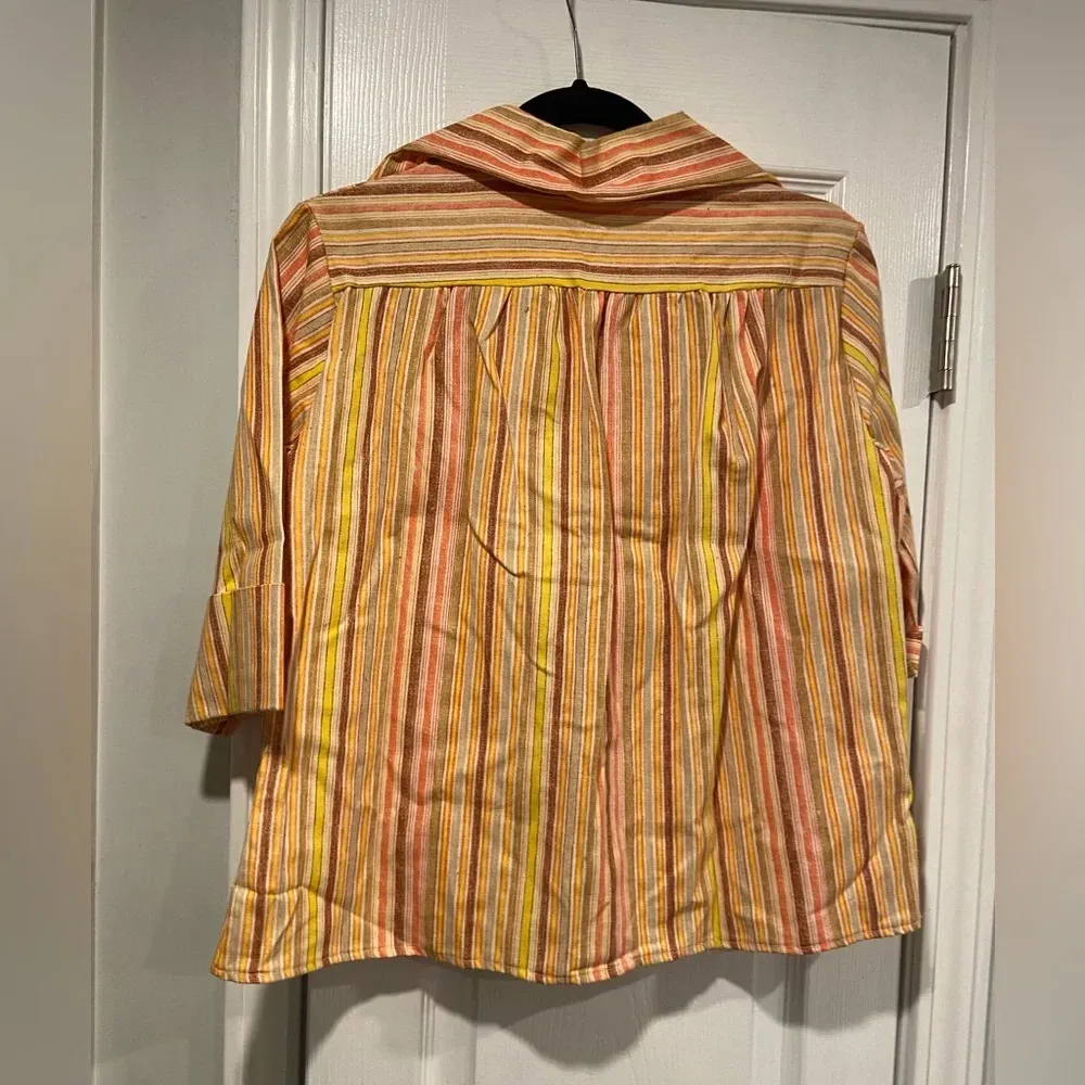 VTG 70s AJ Uppers Pointed Collar 3/4 Sleeve Yellow Striped V Neck Top Size L Gold Size L - Image 10