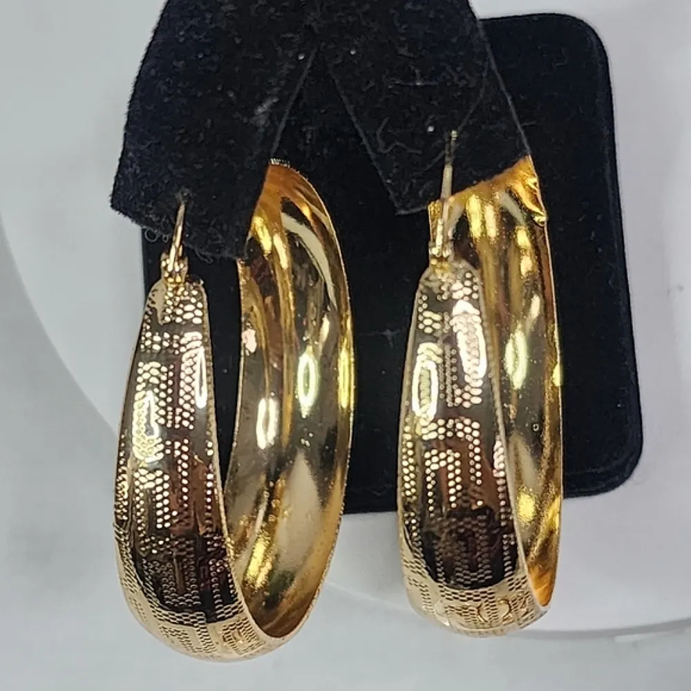 Gold Filled Wide Hoop Earrings with Greek Key Design - Image 6