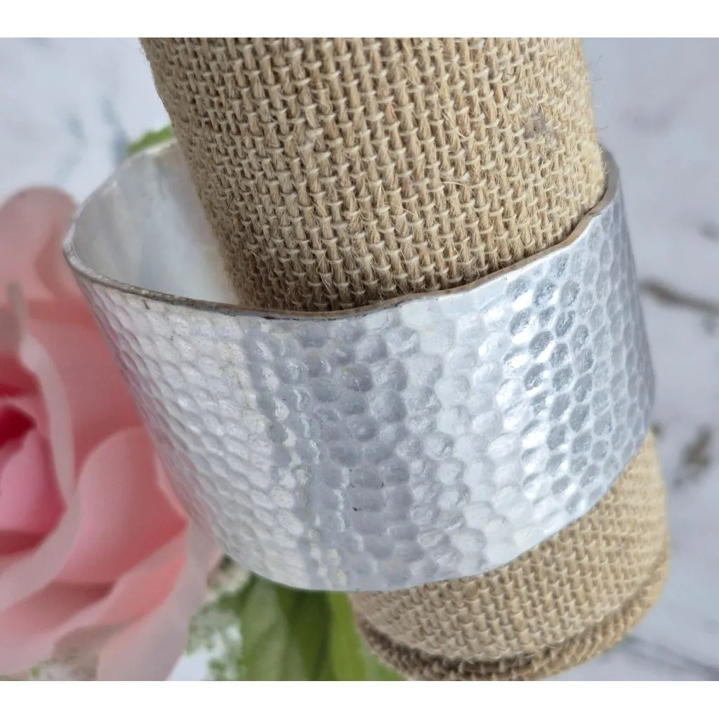 Brushed Silver Tone Hammered Wide Cuff Bracelet Brutalist Statement Piece - Image 7