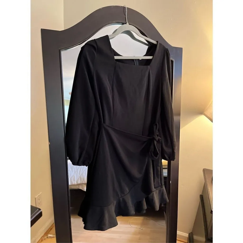 NEW Dress Square Neck Long Tie Waist Wrap Ruffle Hem L - Image 5