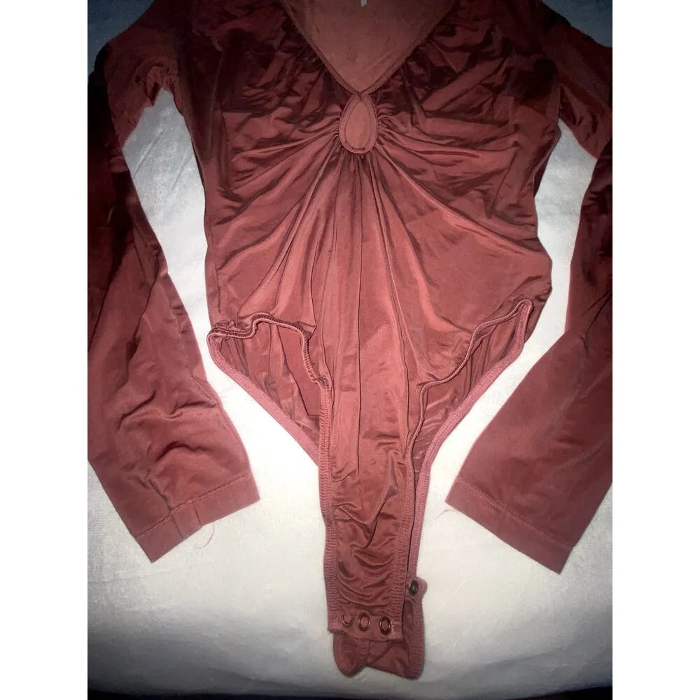 YFB Annette Long Sleeve Deep V Fall Orange Thong Bodysuit - Image 5