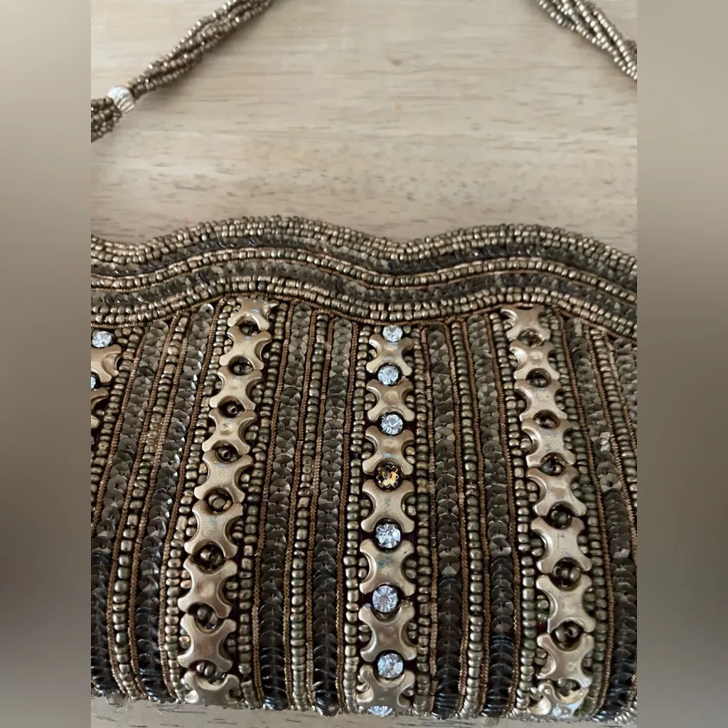 handcrafted gold and brown beaded clutch purse with crystal accents, rope strap - Image 2