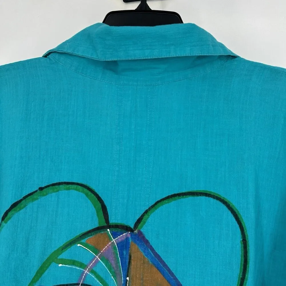 Dilemma Art To Wear Turquoise Blue Tunic Top Picasso Inspired Face Organic Sz OS - Image 7