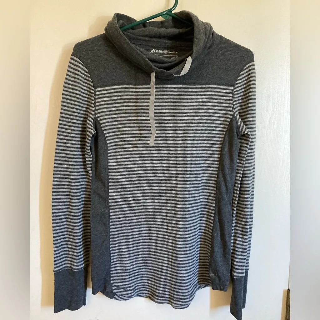 Eddie Bauer Gray Striped Cowl Neck Long Sleeve Pullover Thermal Top #O - Image 2
