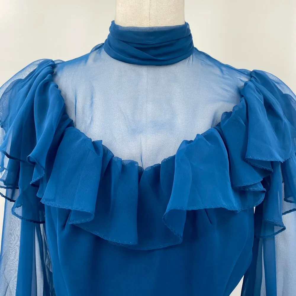Vintage 70s Ruffled Gown High Neck Bishop Sleeves Fit & Flare Maxi Blue Womens 2 - Image 4