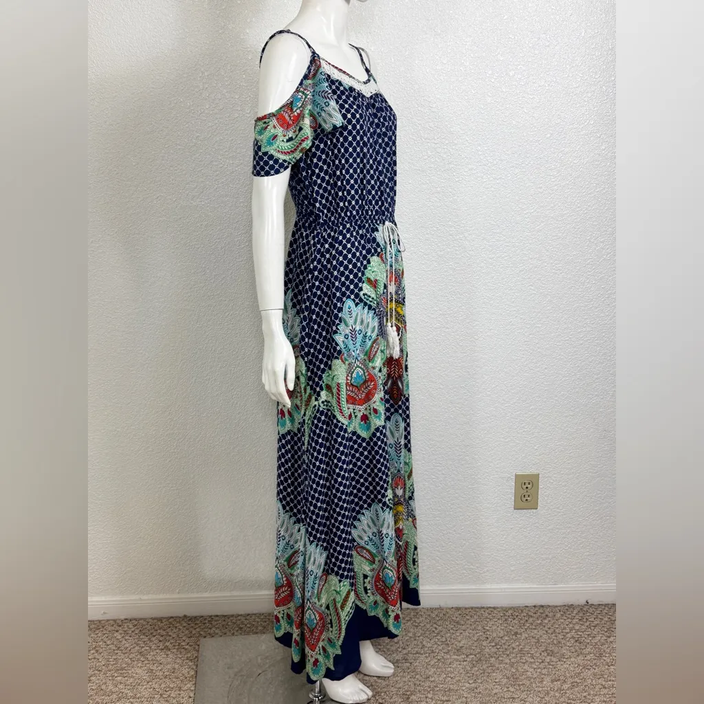 Magic 100% Rayon Boohoo Blue and Green Floral Patterned Maxi Dress - Image 2