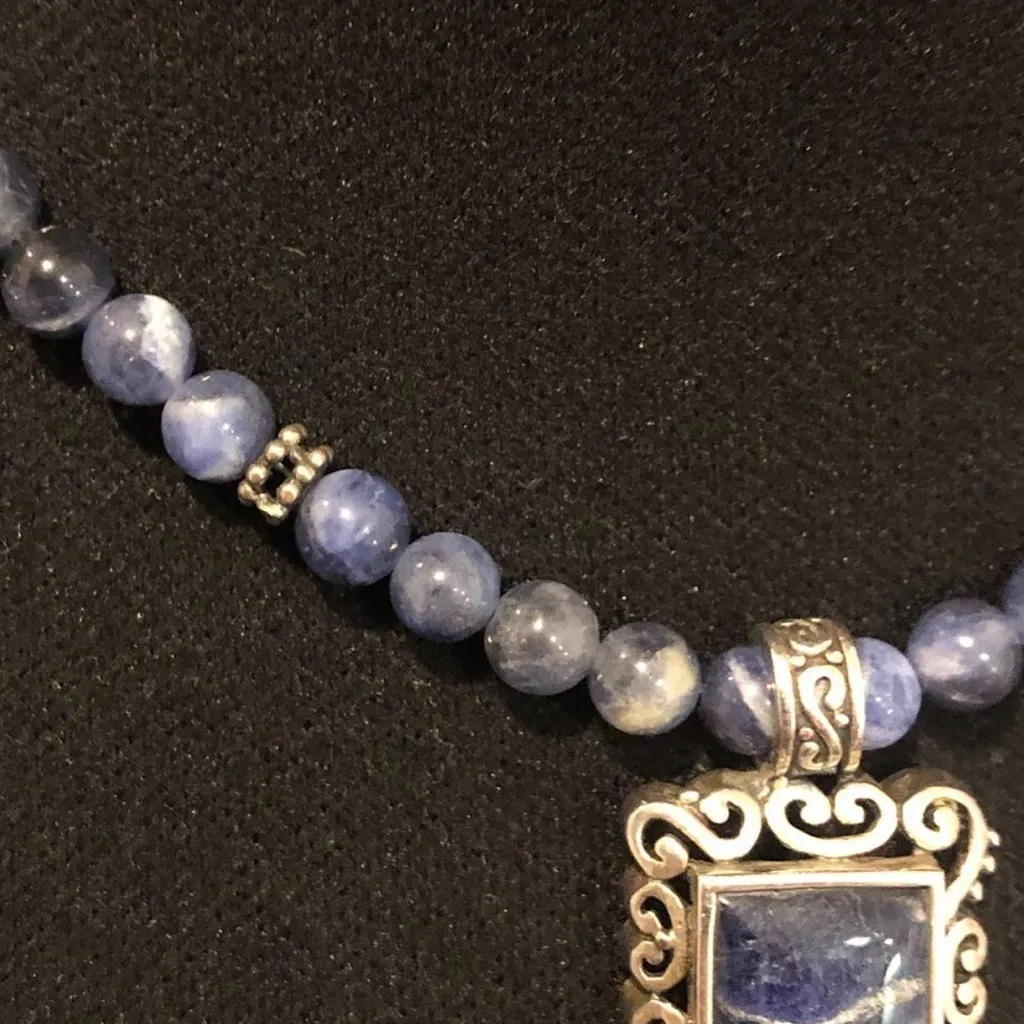 Sodalite Beaded Choker Necklace Lapis Lazuli Sterling Silver Pendant Extension Blue - Image 9