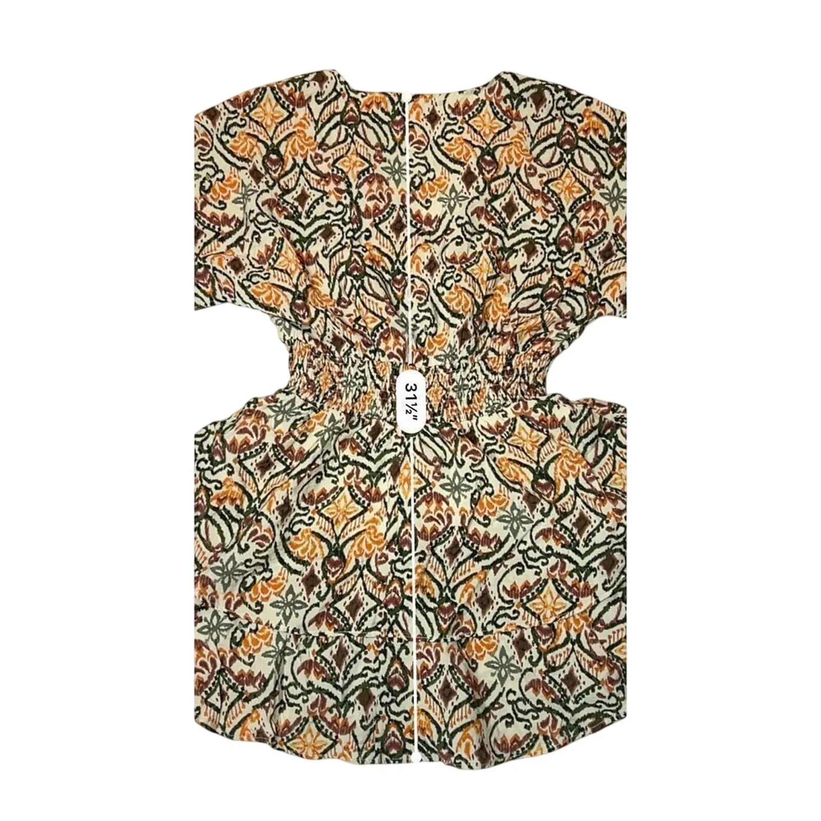 Zara AOP Ikat Print Tiered Elastic Waist Dress Tan Green Tribal MEDIUM Boho Chic - Image 9