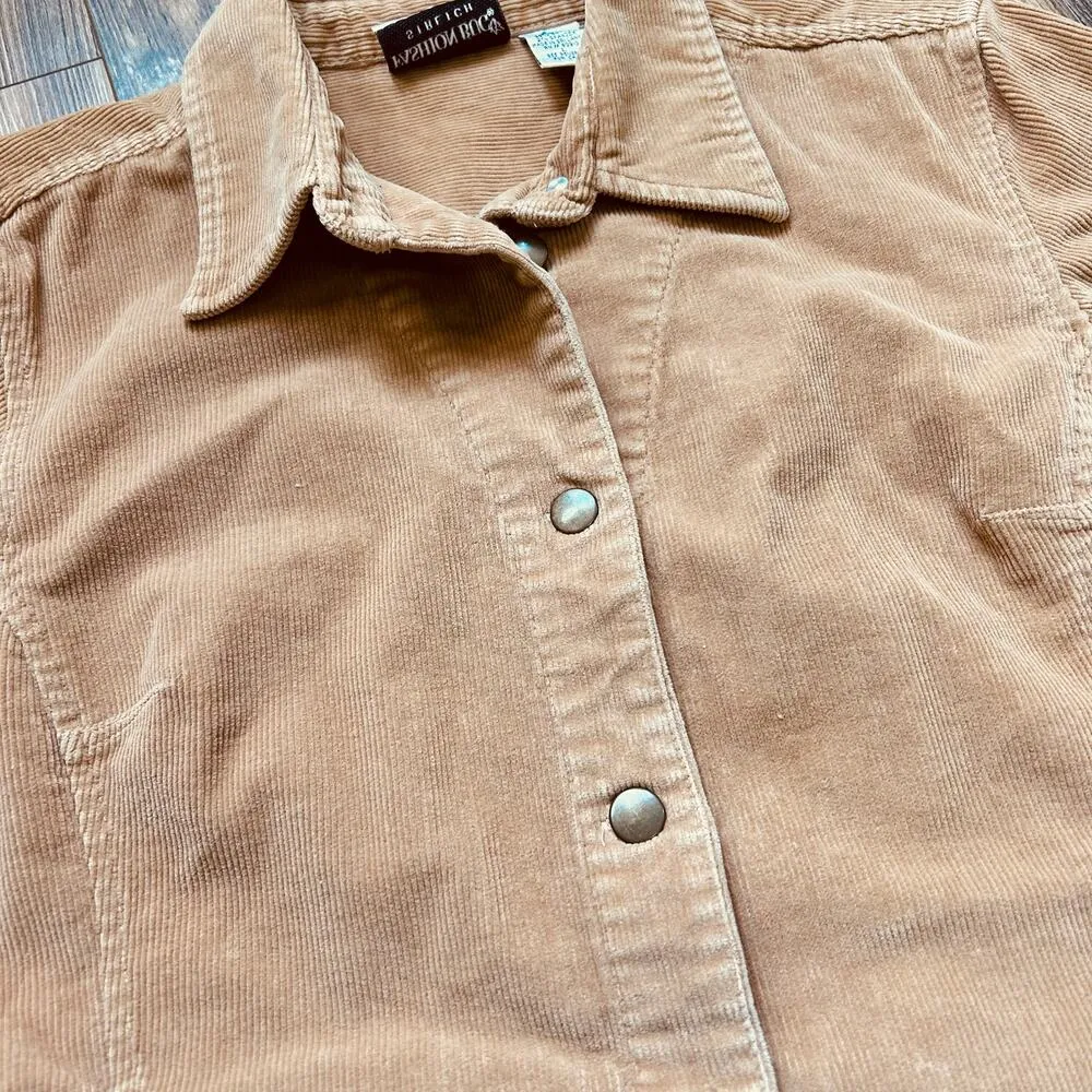 Y2K Vintage Corduroy Jacket Camel Brown Chore Jacket Stretch Fashion Bug Large - Image 4