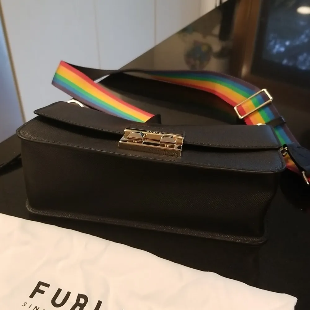 💕FURLA💕 Rainbow Leather Shoulder Bag ~ Black Multi-Color Leather - Image 10