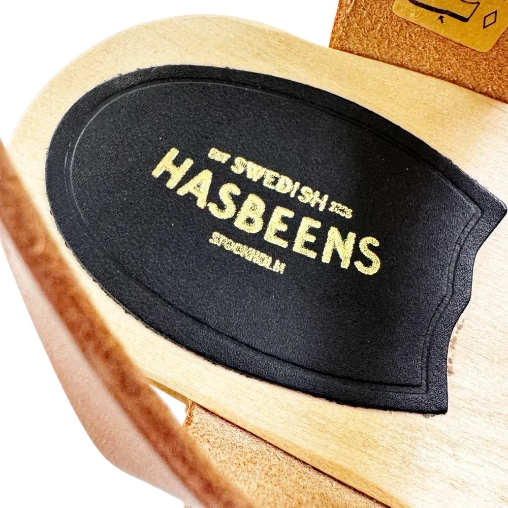 NEW Swedish Hasbeens Peep Toe Low Wood Clog Sandals Nature Size 38 US 8 Tan - Image 7