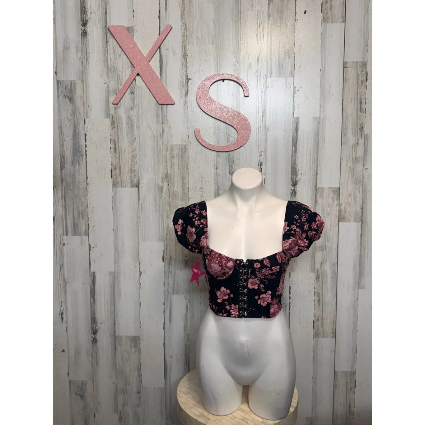 XS Black Pink Floral Corset Crop Top Puff Sleeve Hook-Front - Image 7