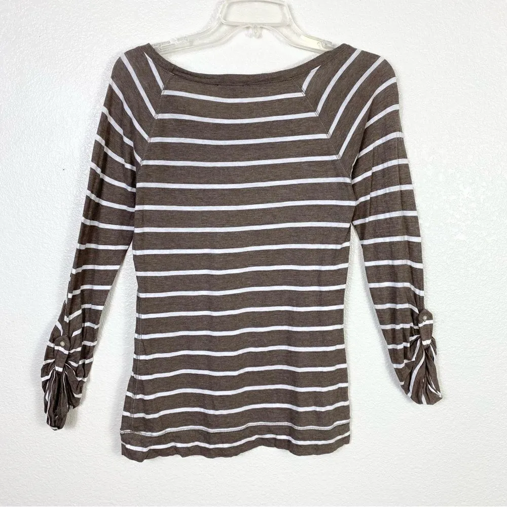 Express Brown & White Striped Long Sleeve Fitted Tshirt - Image 4