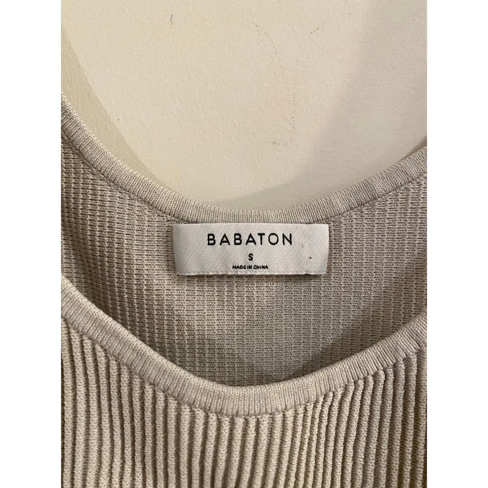 Aritzia Babaton Scoop Neck Sculpt Ribbed Knit Cropped Tank Top Beige Women Small - Image 5